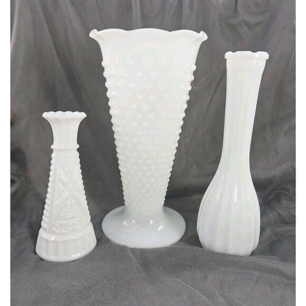 White Milk Glass Vase Lot of 3 Vintage Hobnail Dots & Varied Lg, Small & Medium